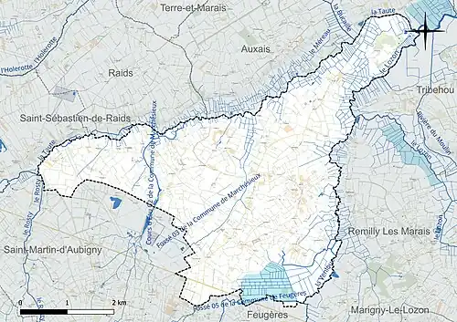 Carte en couleur présentant le réseau hydrographique de la commune