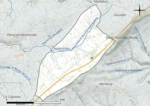 Carte en couleur présentant le réseau hydrographique de la commune