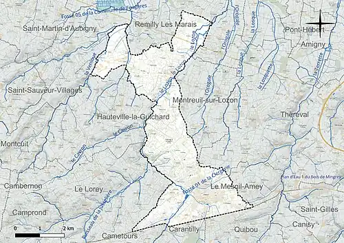 Carte en couleur présentant le réseau hydrographique de la commune