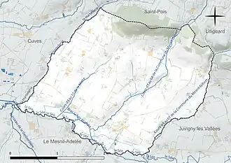 Carte en couleur présentant le réseau hydrographique de la commune