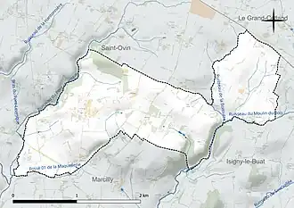 Carte en couleur présentant le réseau hydrographique de la commune