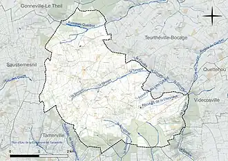 Carte en couleur présentant le réseau hydrographique de la commune