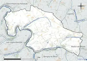 Carte en couleur présentant le réseau hydrographique de la commune