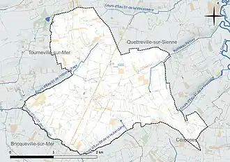 Carte en couleur présentant le réseau hydrographique de la commune