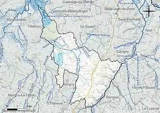Carte en couleur présentant le réseau hydrographique de la commune