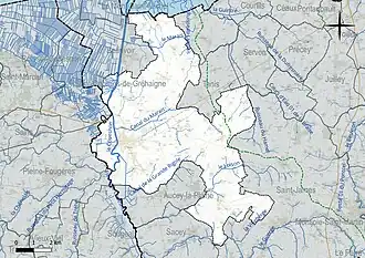 Carte en couleur présentant le réseau hydrographique de la commune