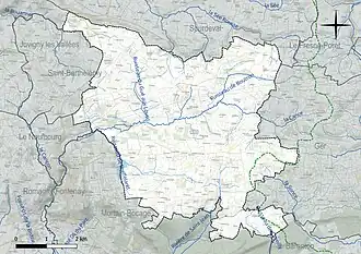 Carte en couleur présentant le réseau hydrographique de la commune
