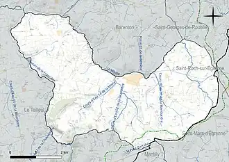 Carte en couleur présentant le réseau hydrographique de la commune