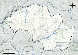 Carte en couleur présentant le réseau hydrographique de la commune