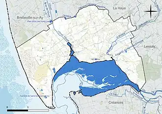 Carte en couleur présentant le réseau hydrographique de la commune