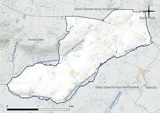 Carte en couleur présentant le réseau hydrographique de la commune