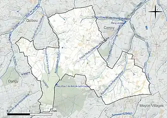 Carte en couleur présentant le réseau hydrographique de la commune