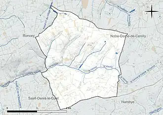 Carte en couleur présentant le réseau hydrographique de la commune