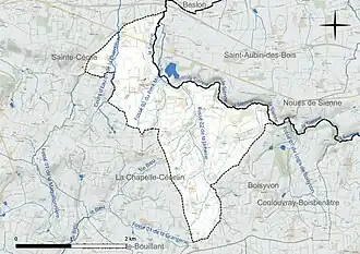 Carte en couleur présentant le réseau hydrographique de la commune