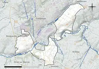 Carte en couleur présentant le réseau hydrographique de la commune