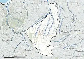 Carte en couleur présentant le réseau hydrographique de la commune