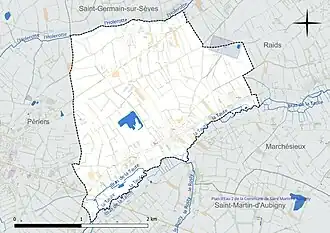 Carte en couleur présentant le réseau hydrographique de la commune