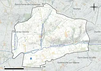 Carte en couleur présentant le réseau hydrographique de la commune