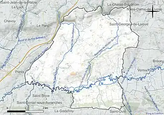 Carte en couleur présentant le réseau hydrographique de la commune