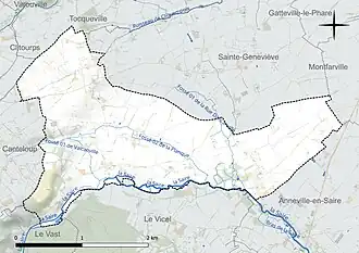 Carte en couleur présentant le réseau hydrographique de la commune
