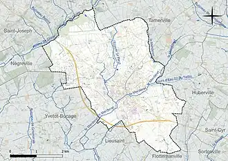 Carte en couleur présentant le réseau hydrographique de la commune