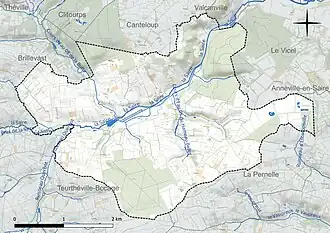 Carte en couleur présentant le réseau hydrographique de la commune