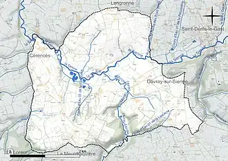 Carte en couleur présentant le réseau hydrographique de la commune