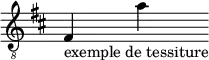 { \new Staff \with { \remove "Time_signature_engraver" } \clef "treble_8" \key b \minor fis_"exemple de tessiture" a' }