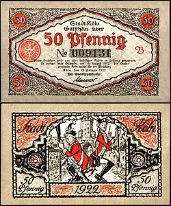Un billet à Cologne en 1922 représentant deux membres du carnaval Rote Funken exécutant la danse traditionnelle Stippeföttche. Réalisation de Konrad Adenauer, le futur chancelier.