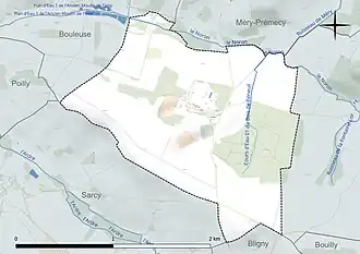 Carte en couleur présentant le réseau hydrographique de la commune