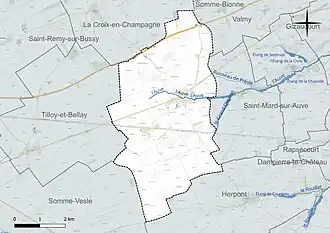 Carte en couleur présentant le réseau hydrographique de la commune