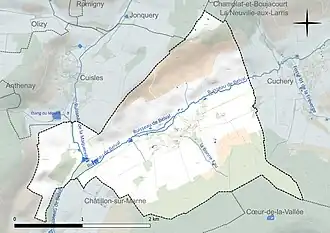 Carte en couleur présentant le réseau hydrographique de la commune