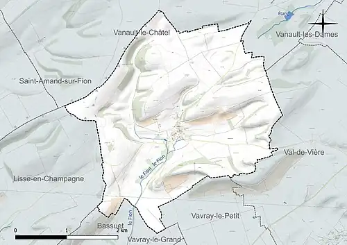 Carte en couleur présentant le réseau hydrographique de la commune