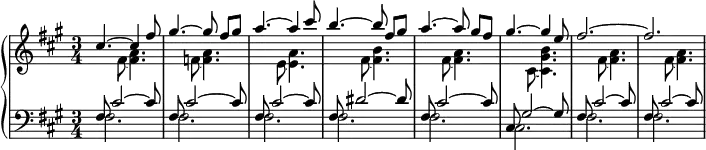 
\version "2.18.2"
\header {
  tagline = ##f
}
upper = \relative c'' {
  \clef treble 
  \key a \major
  \time 3/4
  \tempo 4 = 80
  \override TupletBracket.bracket-visibility = ##f

   %%Wojciech Kilar — générique
   << { cis4.~ cis4 fis8 | gis4.~ gis8 fis[ gis] | a4.~ a4 cis8 | b4.~ b8 fis8[ gis] | a4.~ a8 gis[ fis] | gis4.~ gis4 e8 | fis2.~ fis } \\ { s4 fis,8~ < fis a >4. | s4 f8~ < f a >4. | s4 e8~ < e a >4. | s4 fis8~ < fis b >4. | s4 fis8~ < fis a >4. | s4 cis8~ < cis gis' b >4. | \repeat unfold 2 { s4 fis8~ < fis a >4. } } >>

}

lower = \relative c {
  \clef bass
  \key a \major
  \time 3/4

  \repeat unfold 3 { << { fis8 cis'2~ cis8 } \\ { fis,2. } >> }
  << { fis8 dis'2~ dis8 } \\ { fis,2. } >>
  << { fis8 cis'2~ cis8 } \\ { fis,2. } >>
  << { cis8 gis'2~ gis8 } \\ { cis,2. } >>
  \repeat unfold 2 { << { fis8 cis'2~ cis8 } \\ { fis,2. } >> }

}

\score {
  \new PianoStaff <<
  \new Staff = "upper" \upper
  \new Staff = "lower" \lower
  >>
  \layout {
  \context {
  \Score
  \remove "Metronome_mark_engraver"
  }
  }
  \midi { }
}
