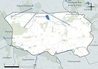 Carte en couleur présentant le réseau hydrographique de la commune