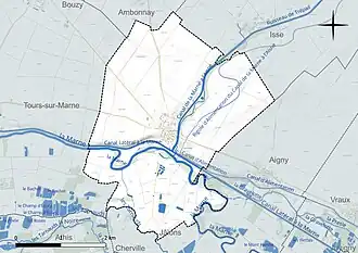 Carte en couleur présentant le réseau hydrographique de la commune