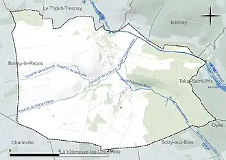Carte en couleur présentant le réseau hydrographique de la commune