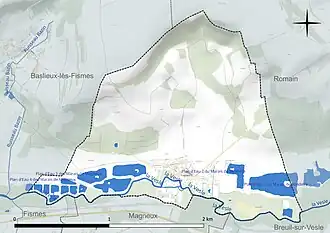 Carte en couleur présentant le réseau hydrographique de la commune