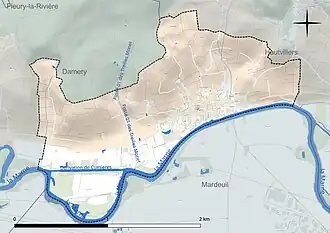 Carte en couleur présentant le réseau hydrographique de la commune