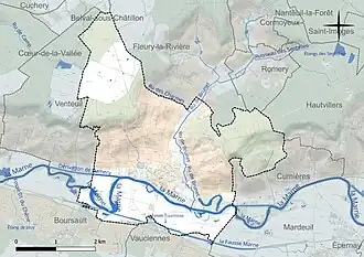 Carte en couleur présentant le réseau hydrographique de la commune