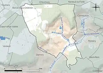 Carte en couleur présentant le réseau hydrographique de la commune