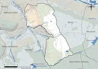 Carte en couleur présentant le réseau hydrographique de la commune