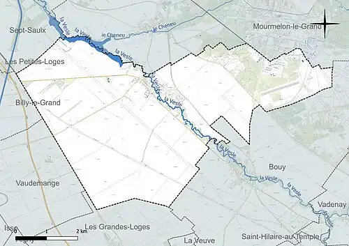 Carte en couleur présentant le réseau hydrographique de la commune