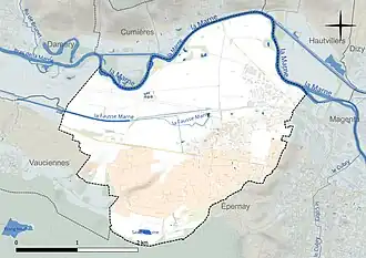 Carte en couleur présentant le réseau hydrographique de la commune