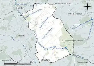 Carte en couleur présentant le réseau hydrographique de la commune