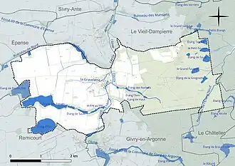 Carte en couleur présentant le réseau hydrographique de la commune
