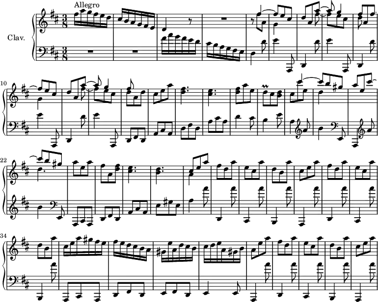 
\version "2.18.2"
\header {
  tagline = ##f
  % composer = "Domenico Scarlatti"
  % opus = "K. 484"
  % meter = "Allegro"
}

%% les petites notes
trillDq     = { \tag #'print { d8\prall } \tag #'midi { e32 d e d } }

upper = \relative c'' {
  \clef treble 
  \key d \major
  \time 3/8
  \tempo 4. = 88
  \set Staff.midiInstrument = #"harpsichord"
  \override TupletBracket.bracket-visibility = ##f

      s8*0^\markup{Allegro}
      fis16 a g fis e d | cis b a g fis e | d4 r8 | R4. |
      % ms. 5
      r8 << { fis'4~ | fis8 e cis | d a a'~ | a g4 | fis8 a, fis'~ | fis e cis | d a a'~ | a g4 | fis8 } 
         \\ { fis8 a, | g4 s8 | s4 fis'8~ | fis e cis | d s4 | g,4 s8 | s4 fis'8~ | fis e cis | d a d } >>
      % ms. 14
      cis8 e a | < d, fis >4. | < cis e > | < d fis >8 a' e | \trillDq cis8 < b d > |
      % ms. 19
      << { s8 cis'4~ | cis8 b gis | a e cis'~ | cis b gis } 
      \\ { cis,8 cis' e, | d4 s8 | s4. | d4. } >> |
      a'8 e a | fis a, < d fis > | < cis e >4. | < b d > << { cis8 e a } \\ { a,4 } >> |
      % ms. 28
      fis'8 d a' | e cis a' | d, b a' | cis, e a | fis8 d a' | e cis a' | d, b a' |
      % ms. 35
      cis,16 e a gis fis e | fis e d cis b a | gis e' a, d cis b | cis d e a, gis b | a8 e' a | fis d a' |
      % ms. 41
      e8 cis a' | d, b a' | cis, e a | 

}

lower = \relative c' {
  \clef bass
  \key d \major
  \time 3/8
  \set Staff.midiInstrument = #"harpsichord"
  \override TupletBracket.bracket-visibility = ##f

    % ************************************** \appoggiatura a16  \repeat unfold 2 {  } \times 2/3 { }   \omit TupletNumber 
      R4.*2 | fis16 a g fis e d | cis b a g fis e | d4 d'8 | e4 a,,,8 |
      % ms. 7
      \repeat unfold 3 { d4 d''8 | e4 a,,,8 } | d8 fis d
      % ms. 14
      a'8 cis a | d fis d | a' cis a | d4 cis8 | b4 e8 | a,4  \clef treble  a'8 | b4   \clef bass e,,,8 |
      % ms. 21
      a,4 \clef treble  a'''8 | b4   \clef bass e,,,8 | a, cis a | d fis d | a' cis a | e' gis e | a4 a'8 |
      % ms. 28
      d,,,4 a'''8 | cis,,,4 a'''8 | b,,,4 a'''8 | a,,,4 a'''8 | d,,,4 a'''8 | cis,,,4 a'''8 | b,,,4 a'''8 |
      % ms. 35
      a,,,8 cis a | d fis d | e fis d | e4 e8 | a,4 a'''8 | d,,,4 a'''8 |
      % ms. 41
      cis,,,4 a'''8 | b,,,4 a'''8 | a,,,4 a'''8 |

}

thePianoStaff = \new PianoStaff <<
    \set PianoStaff.instrumentName = #"Clav."
    \new Staff = "upper" \upper
    \new Staff = "lower" \lower
  >>

\score {
  \keepWithTag #'print \thePianoStaff
  \layout {
      #(layout-set-staff-size 17)
    \context {
      \Score
     \override SpacingSpanner.common-shortest-duration = #(ly:make-moment 1/2)
      \remove "Metronome_mark_engraver"
    }
  }
}

\score {
  \keepWithTag #'midi \thePianoStaff
  \midi { }
}

