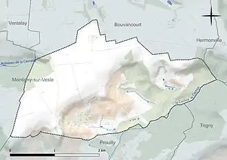 Carte en couleur présentant le réseau hydrographique de la commune