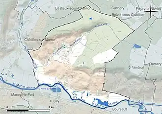 Carte en couleur présentant le réseau hydrographique de la commune