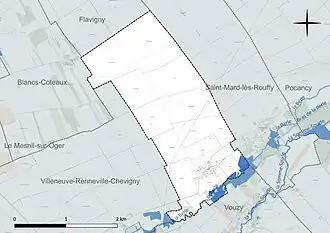 Carte en couleur présentant le réseau hydrographique de la commune